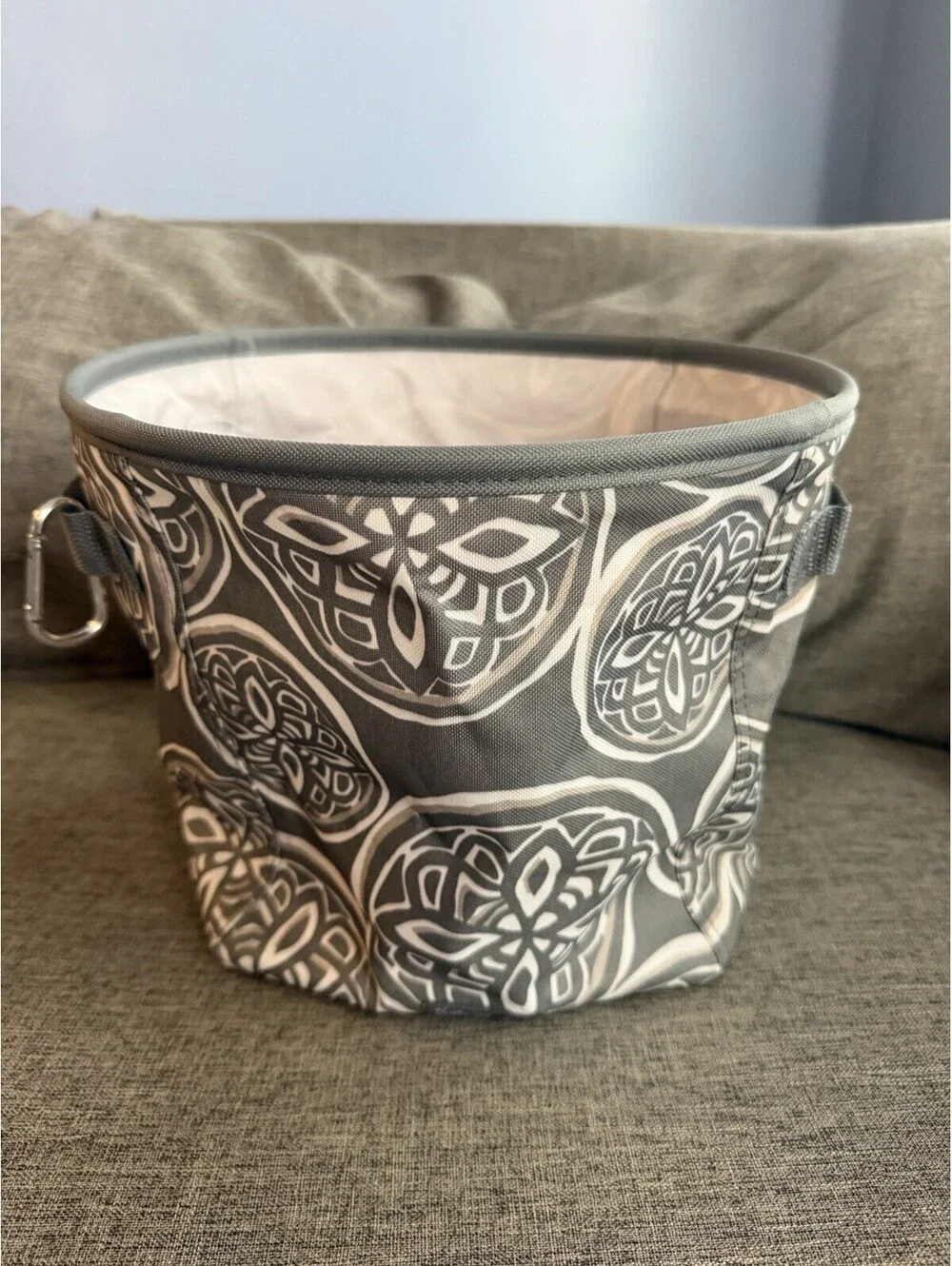 Thirty One Round Utility Storage Bin In Tan Playful Parade Red Paw Print